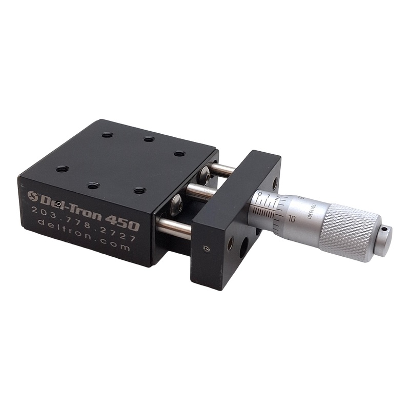 Used Del-Tron 450-X Linear Positioning Stage 1/2in Travel, 1.75×1.75in Table, 6-32UNF