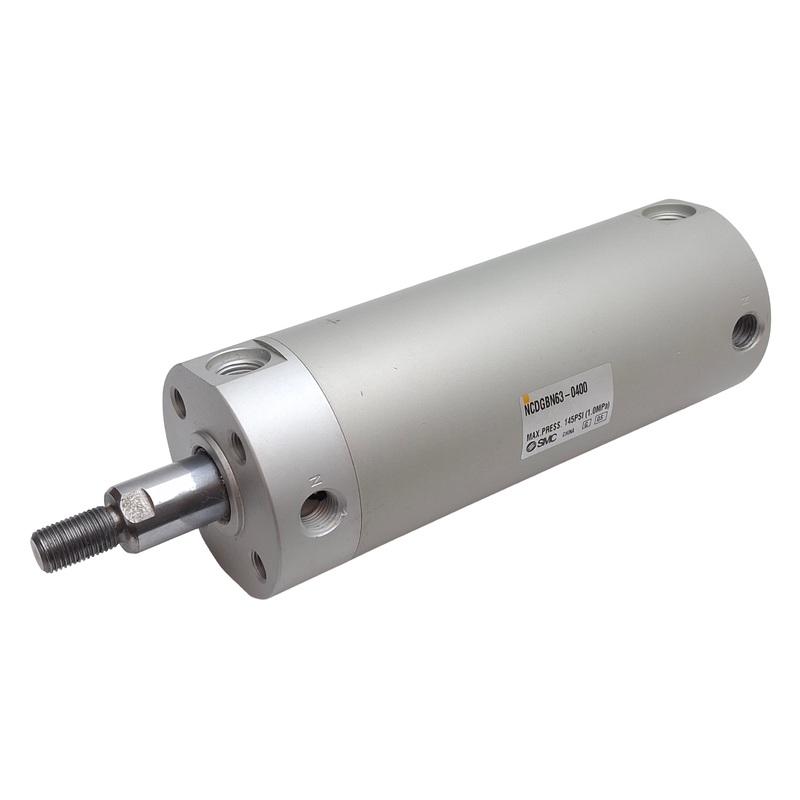 Used SMC NCDGBN63-0400 Pneumatic Cylinder, 2-1/2in Bore, 4in Stroke, 145PSI, 1/4NPT
