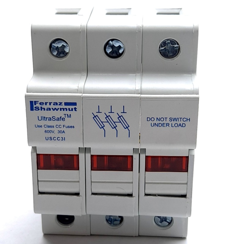 New Ferraz Shawmut USCC3I Fuse Holder, 30A 600V, 3-Pole, Class CC Fuses