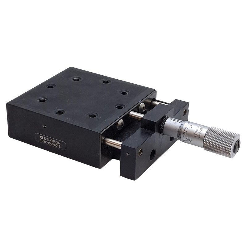 Used Del-Tron 750-X Linear Positioning Stage 1/2in Travel, 2.62×2.62in Table, 6-32UNF