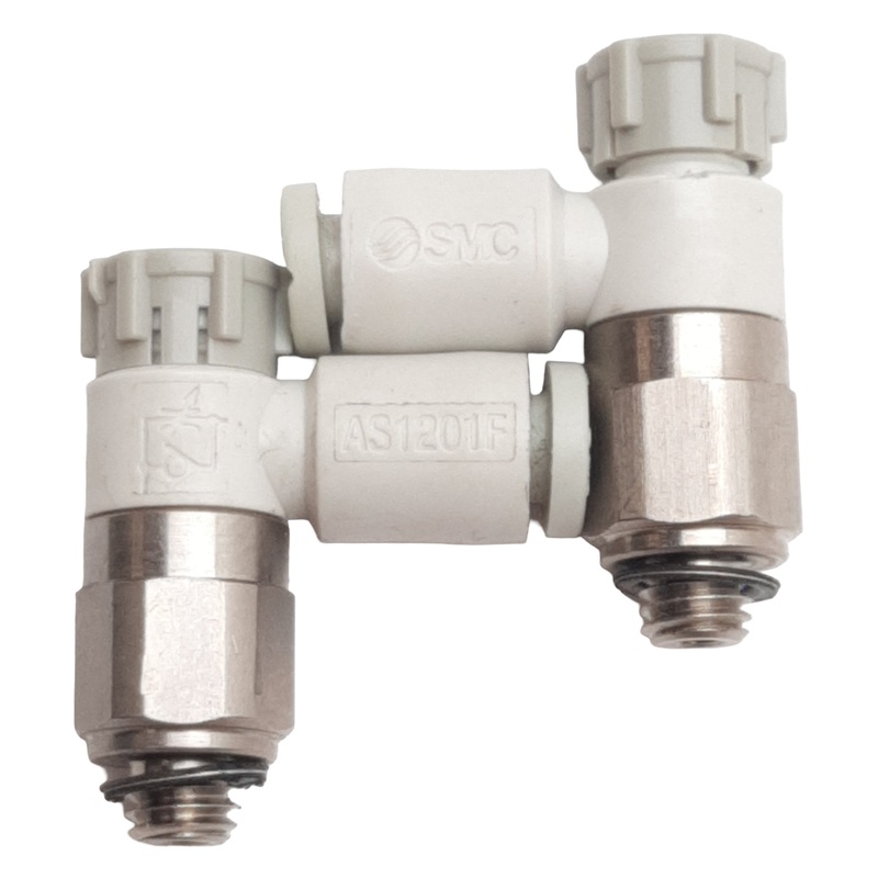 Used Lot of 2 SMC AS1201FG-M5-04A Pneumatic Elbow Fitting, 4mm Tube, M5 Male, 1MPa