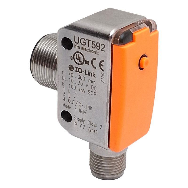 Used IFM UGT592 Ultrasonic Sensor, IO-Link, 40-300mm Range, PNP, M12 4-Pin, 10-30VDC