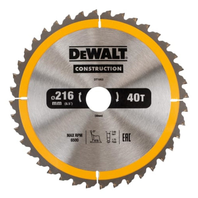 DeWalt 216mm x 30 x 40T ATB/ Neg Circular Saw Blade