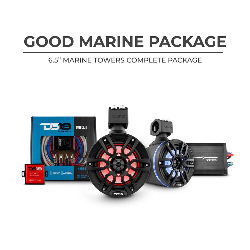 DS18 Good Marine Stereo Package  2 x 6.5 Speaker Tower| 1 x 2 Ch Amplifier | 1 x MOFCKIT4 and 1 x LED-BTC