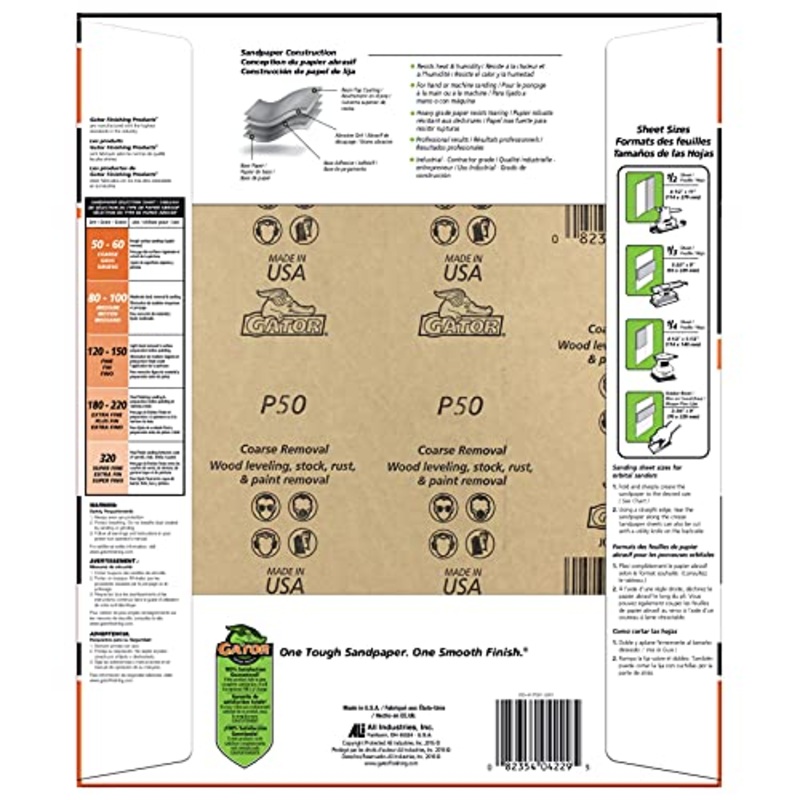 Gator 9″ x 11″ Bare Wood Sanding Sheets, 60 Grit, 25 Pack
