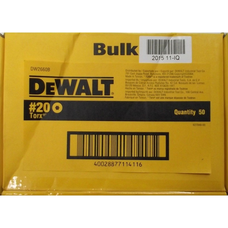Dewalt DW2660B #20 x 1″ Torx Screw Bit Tips 50pcs.