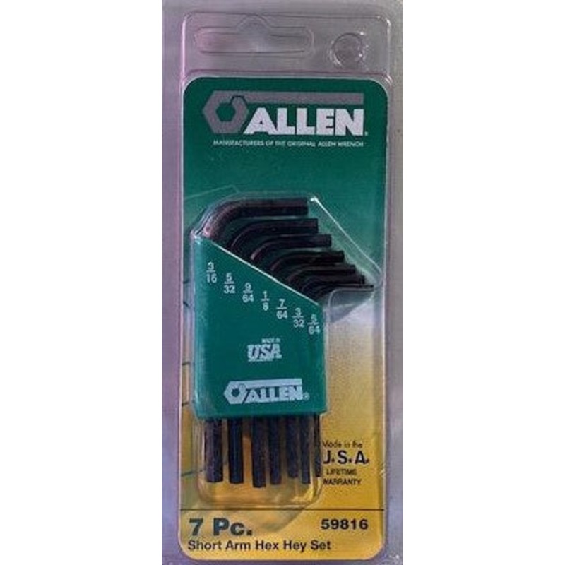 Allen 59816 Short Key Set 7 Pieces, 5/64 to 3/16 in Hex, Alloy Steel USA
