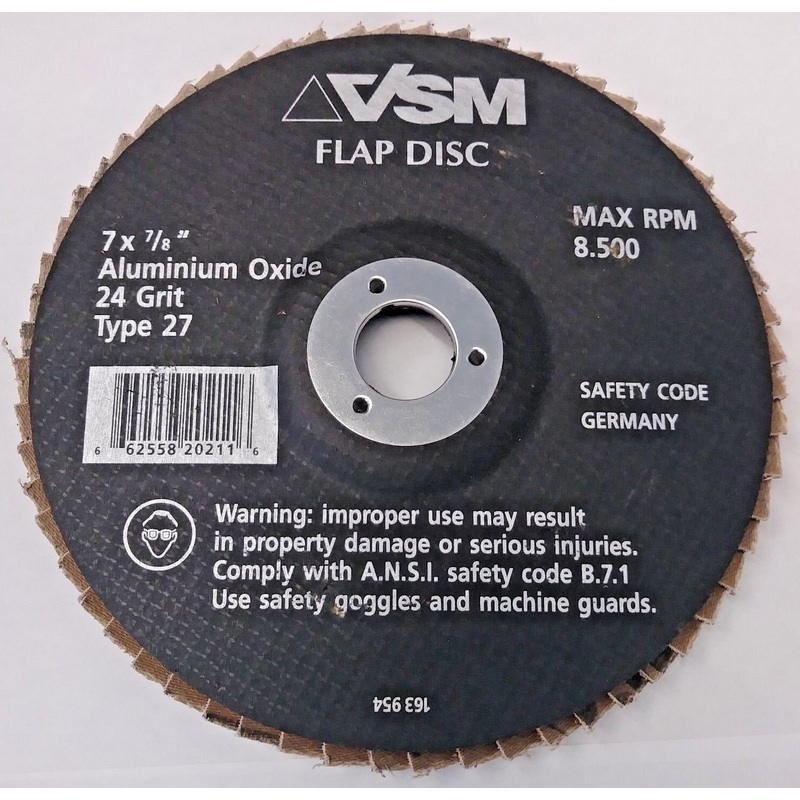 VSM 163 954 7″ x 7/8″ Aluminum Oxide 24 Grit Type 27 Flap Disc Germany