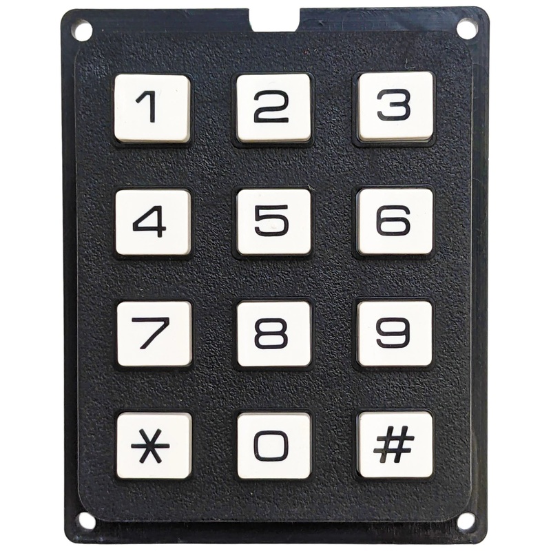 12 Button Keypad with .1″ Spacing Header Output, Single Pole / Common Bus (2″ x 0.45″ x 2.5″), Black with White Buttons Default Title