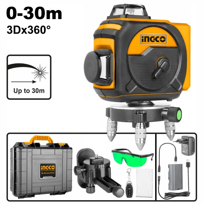 Ingco HLL255245 3D x 360 Line Laser Level (Green) [4000 mAh]