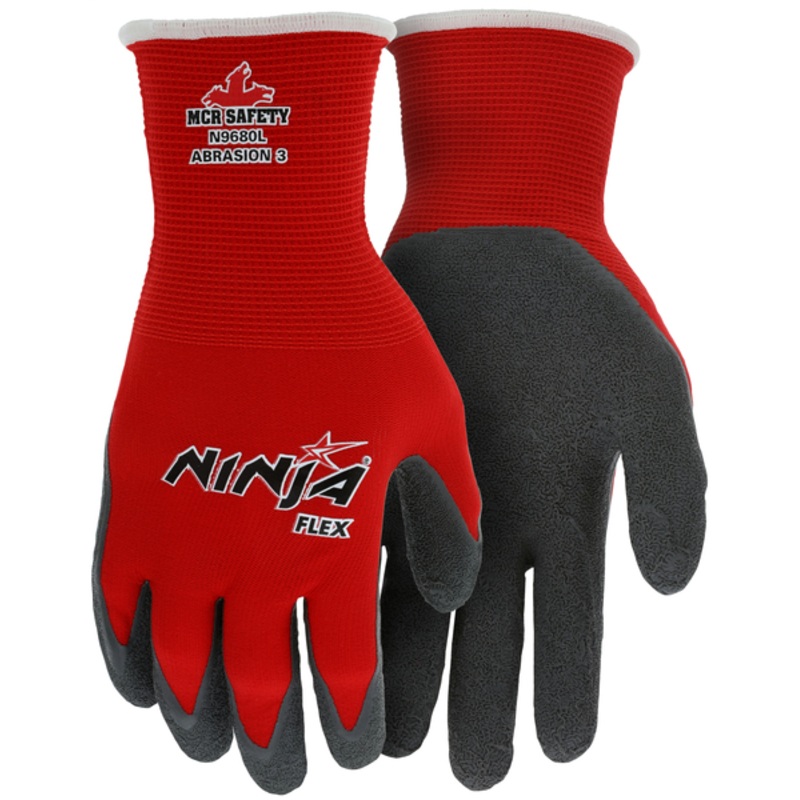 Ninja Flex Work Gloves 15 Gauge Red Nylon Shell Gray Latex Coated Palm and Fingertips