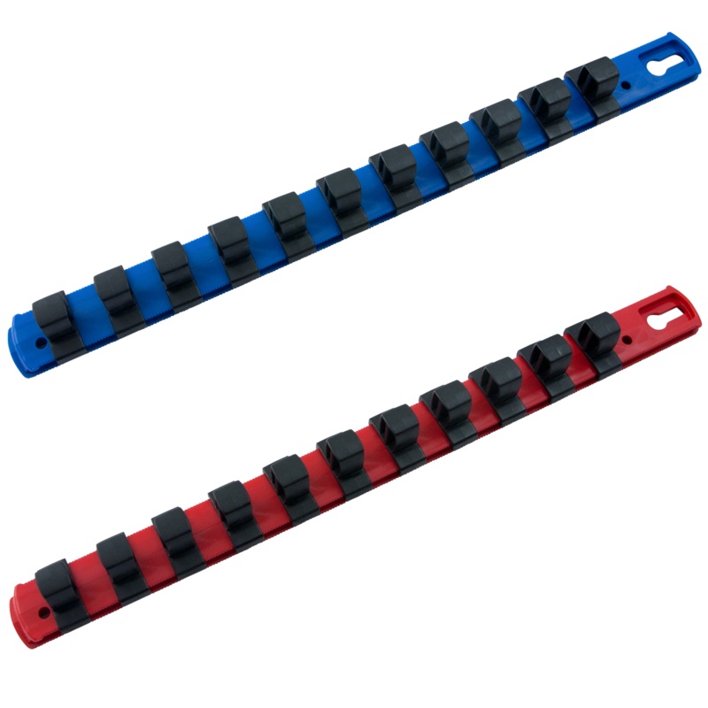 3/8″ Dr. and 1/2″ Dr. Socket Organizers With Rails for Metric & SAE Sockets 3/8″ Dr., Blue Rail, 8″ Long, 8 Clips