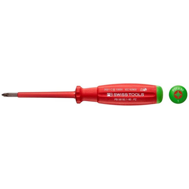PB Swiss Tools PB 58192.1-80 Pozidriv, SwissGrip VDE Screwdriver PZ1 x 80mm, Insulated