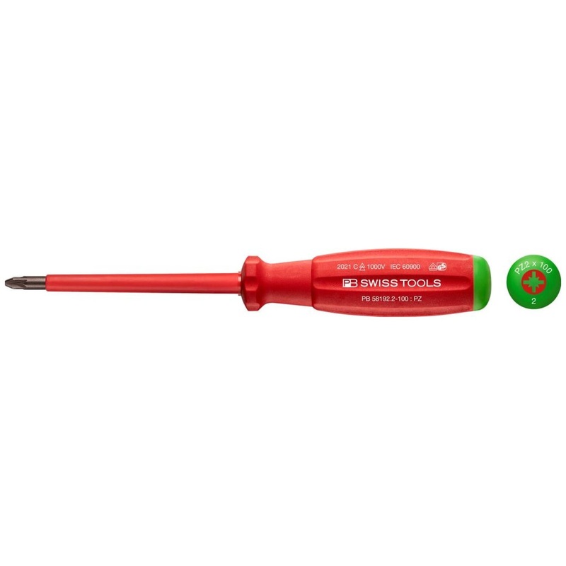 PB Swiss Tools PB 58192.2-100 Pozidriv SwissGrip VDE Screwdriver, PZ2 x 100mm, Insulated