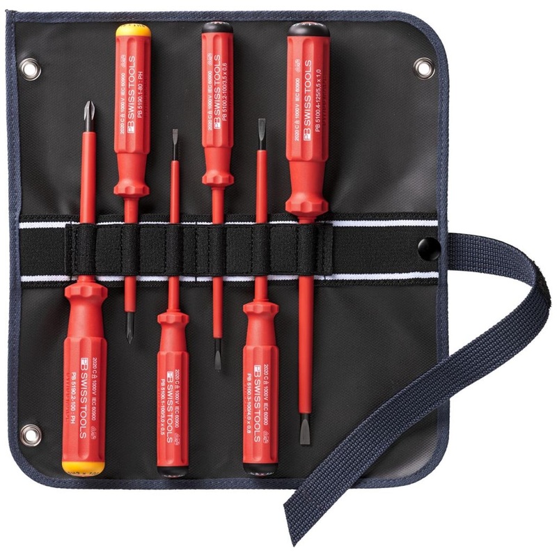 PB Swiss PB 5542.SU GY Screwdriver Set Slotted/Phillips in Roll-Up Case with Classic VDE Handle, 6 Pcs