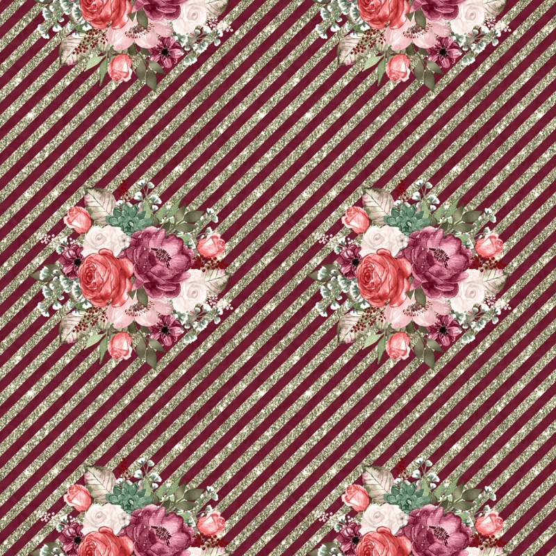 Wildflower Bouquets & Diagonal Stripes Fabric – Burgundy Quilting Cotton Yard – 36″ x 45″