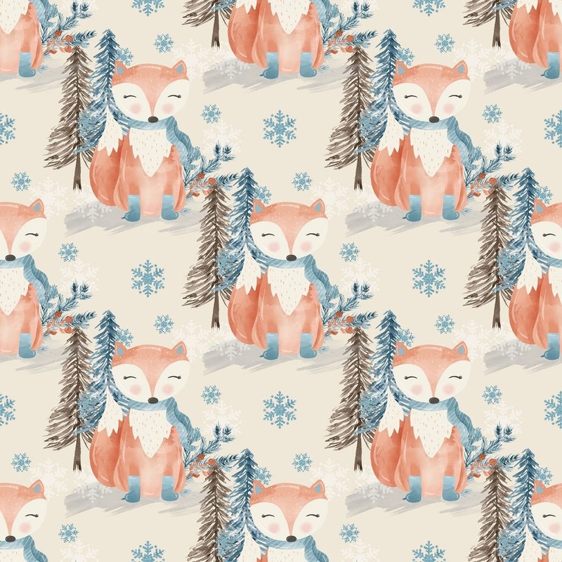 Winter Fox with Snowflakes Fabric – Tan Quilting Cotton Yard – 36″ x 45″