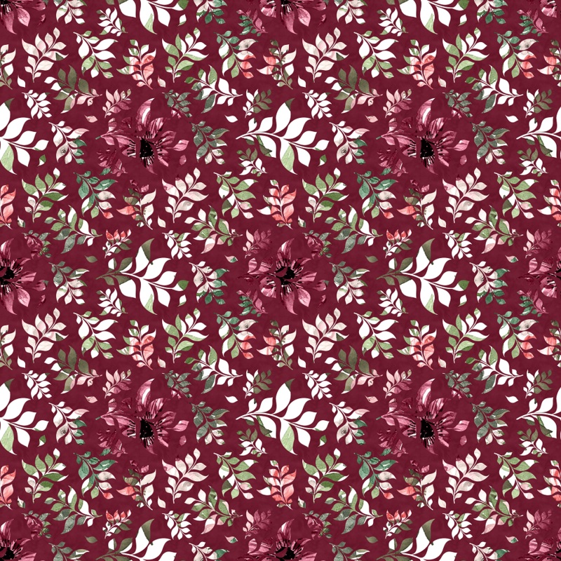 Wildflower Leaves Fabric – Burgundy Quilting Cotton Yard – 36″ x 45″