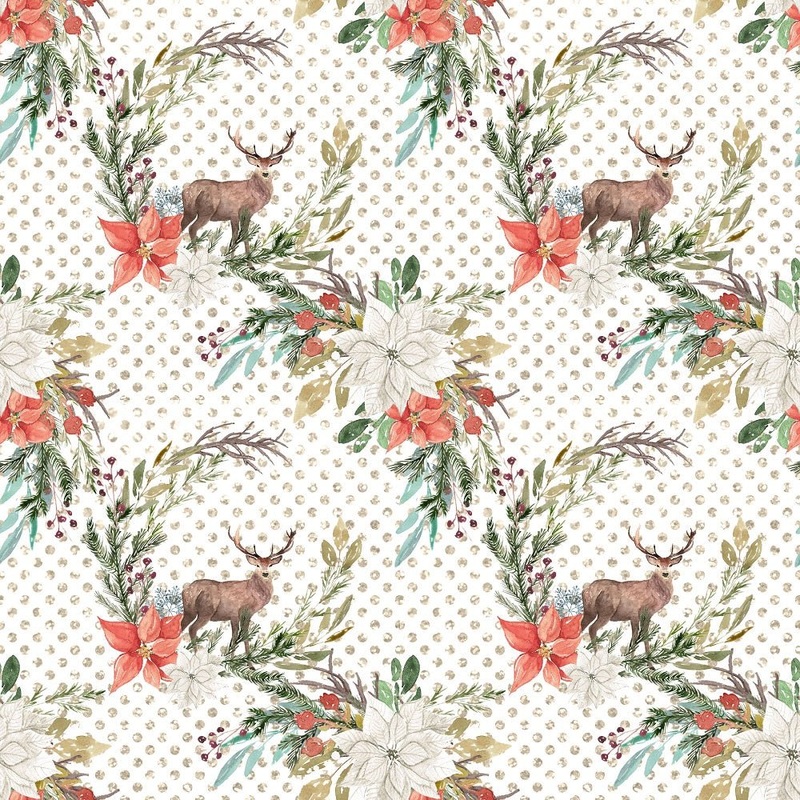 Winter Dreams Floral Deer on Dots Fabric Quilting Cotton Yard – 36″ x 45″