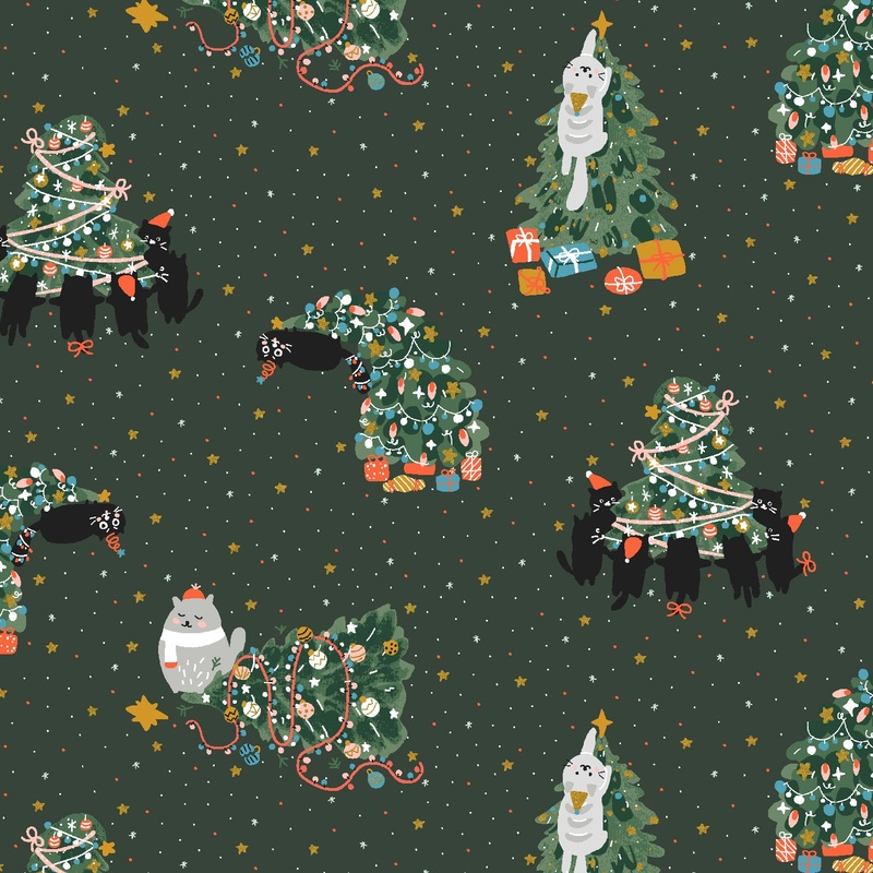 ‘Twas the Night Before Catmas – Rockin’ Around the Catmas Tree – Hunter | CC600-HG1M Yardage