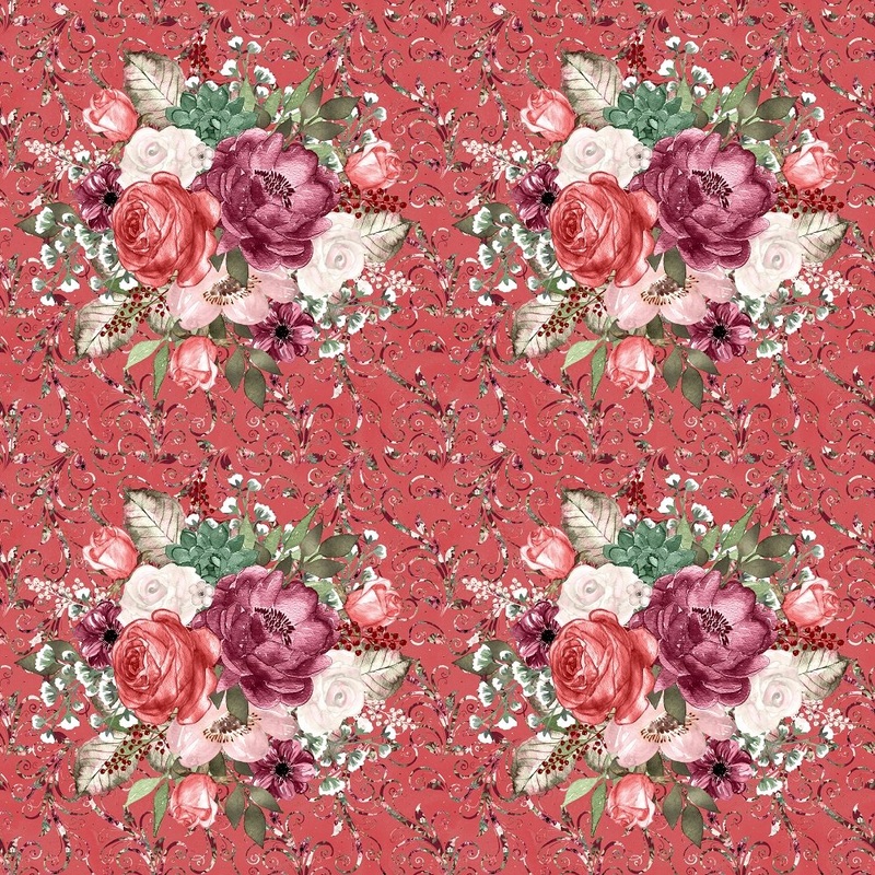 Wildflower Bouquet & Filigree Fabric – Dusty Rose Quilting Cotton Yard – 36″ x 45″