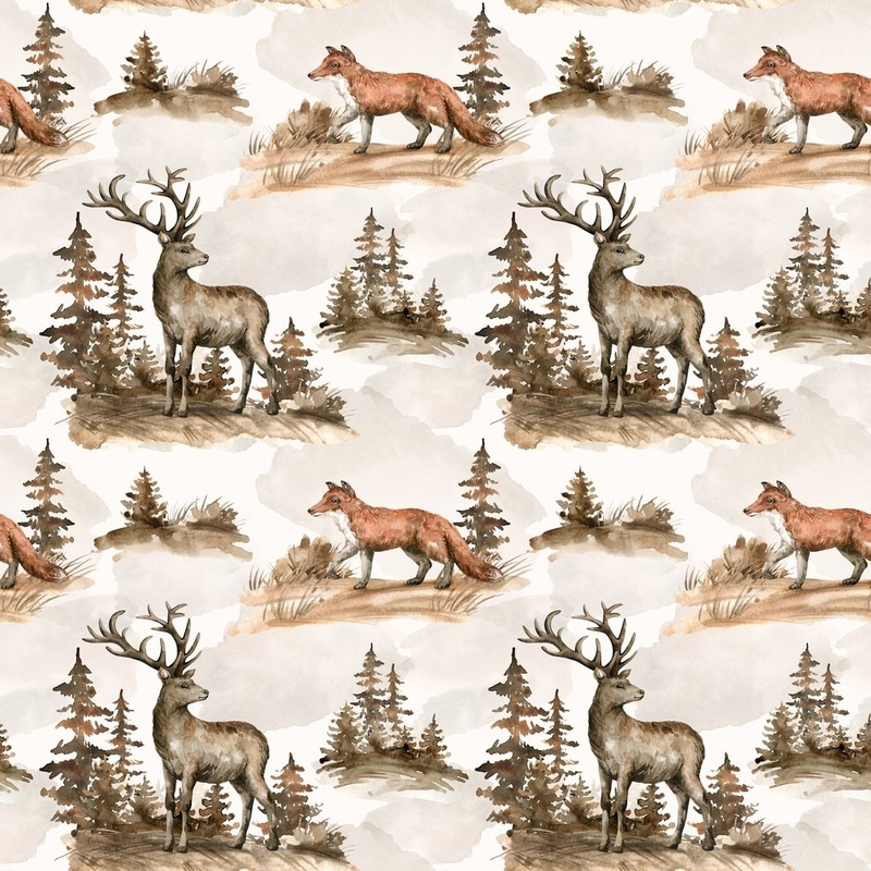 Wildlife Deer & Fox Watercolor Fabric – Brown Quilting Cotton Yard – 36″ x 45″