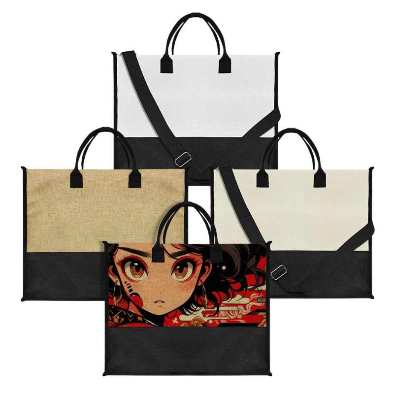 Sublimation Blanks Patchwork Linen Handbag- 43*34*17cm- Cream/Linen/White Brown