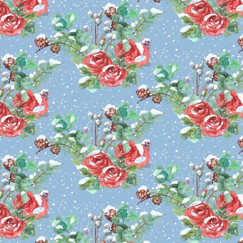 Winter Roses Fabric – Blue Quilting Cotton Yard – 36″ x 45″