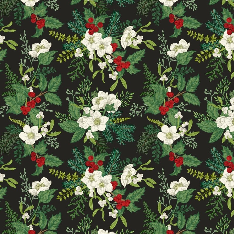 Winter Plants Fabric – Black Quilting Cotton Yard – 36″ x 45″