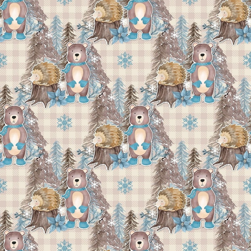 Winter Animals on Plaid Fabric – Tan Quilting Cotton Yard – 36″ x 45″