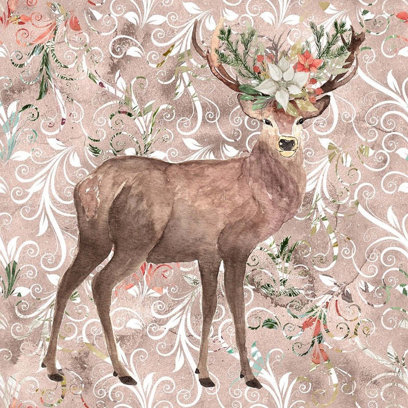 Winter Dreams Floral Deer Fabric Panel – Brown Quilting Cotton 4.5 Inches by 4.5 Inches