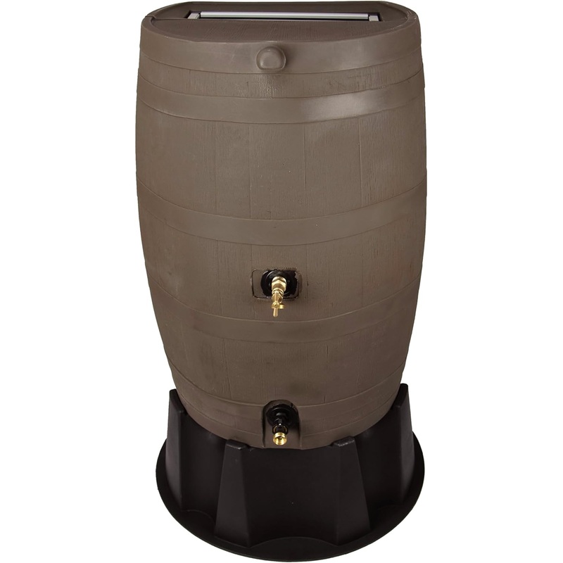 RTS Home Accents 50-Gallon Dual Spigot Rain Barrel, Flat Back Rain Water Collection Barrel, Stand Included, Walnut Color | Bigbigmart.com