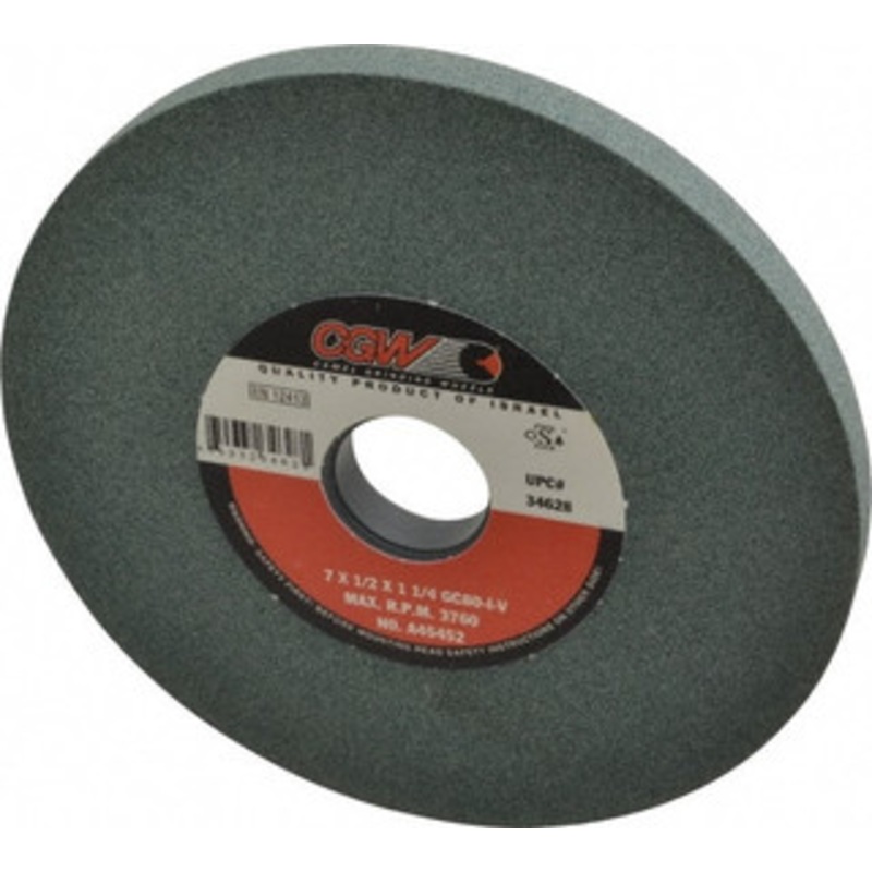 CGW Abrasives 7 Diam x 1-1/4 Hole x 1/2 Thick, I Hardness, 80 Grit Surface Grinding Wheel Silicon Carbide, Type 1, Medium Grade, 3,760 Max RPM, Vitrified Bond, No Recess 34628 – 09493164