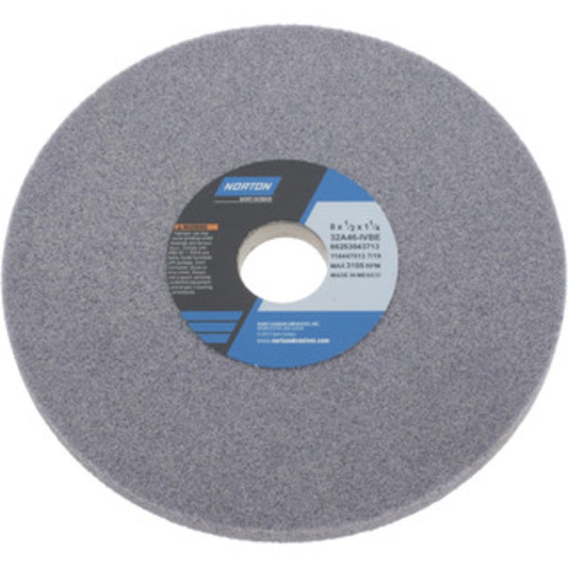 Norton 8 Diam x 1-1/4 Hole x 1/2 Thick, I Hardness, 46 Grit Surface Grinding Wheel Aluminum Oxide, Type 1, Coarse Grade, 3,105 Max RPM, Vitrified Bond, No Recess 66253043713 – 05976329