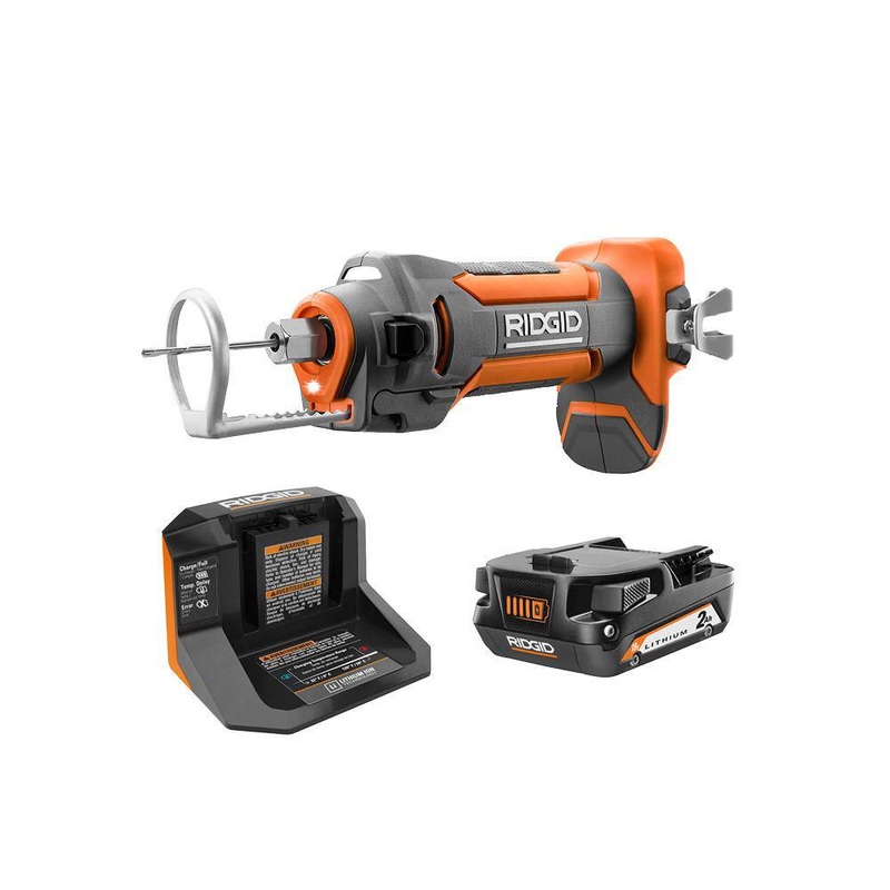 RIDGID R84730B-AC9302 18V Cordless Drywall Cut-Out Tool Kit with Drywall Bits, Collets, Belt Hook, 18V Lithium-Ion 2.0 Ah Battery, and Charger | Bigbigmart.com