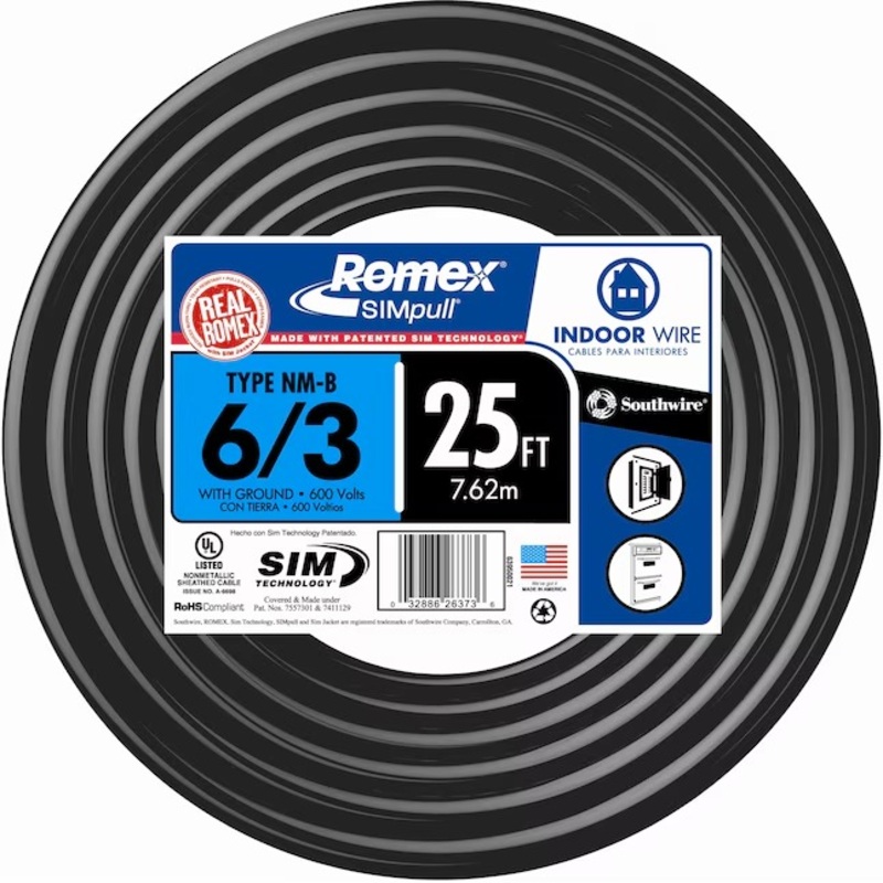 Southwire 63950021 25-Feet 6 / 3 / Romex SIMpull Stranded Indoor CU NM-B W/G Individual pack ( By-the-roll ) | Bigbigmart.com