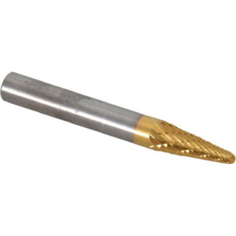 SGSPRO 1/4 Cut Diam, 1/4 Shank Diam, 14 Carbide Double Cut Taper Burr Radius End, 2 OAL, 5/8 LOC, Titanium Nitride Finish 15185 – 01400951