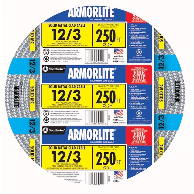 Southwire 68583455 Armorlite 250-Feet 12 / 3 Solid Aluminum MC (Metal Clad) Cable | Bigbigmart.com