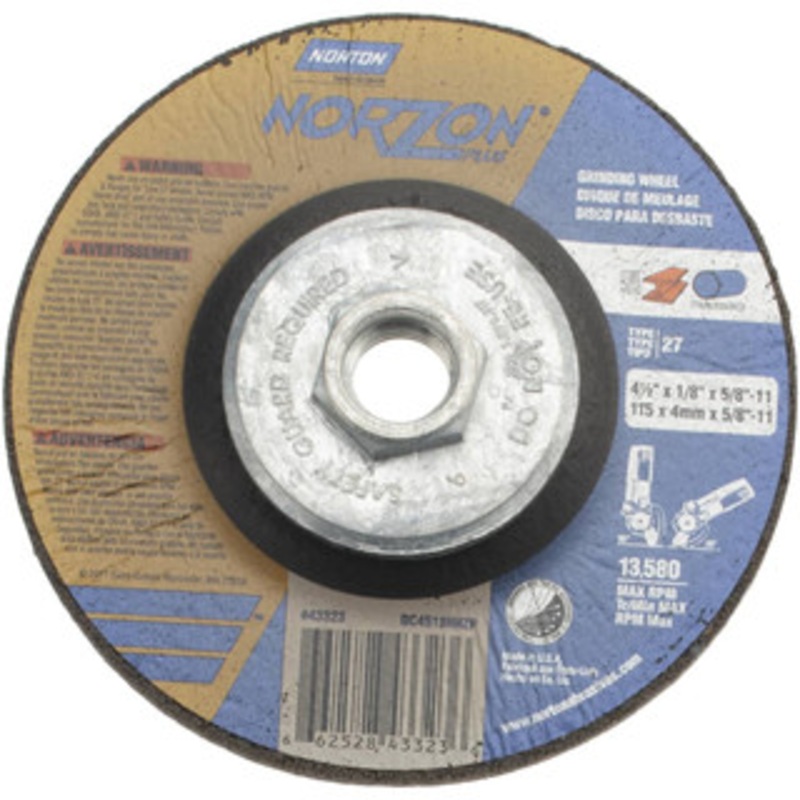Norton 24 Grit, 4-1/2 Wheel Diam, 1/8 Wheel Thickness, Type 27 Depressed Center Wheel Ceramic, 13,580 Max RPM 66252843323 – 58392218