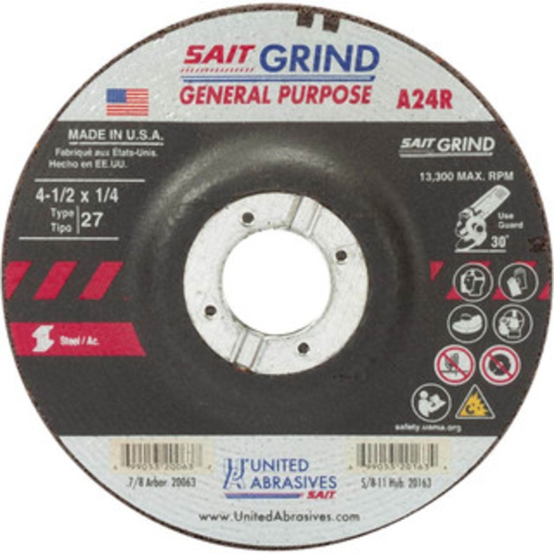 United Abrasives-SAIT 24 Grit, 4-1/2 Wheel Diam, 1/4 Wheel Thickness, 7/8 Arbor Hole, Type 27 Depressed Center Wheel Aluminum Oxide, Resinoid Bond, N Hardness, 13,300 Max RPM, Compatible with Angle Grinder 20060 – 99559452