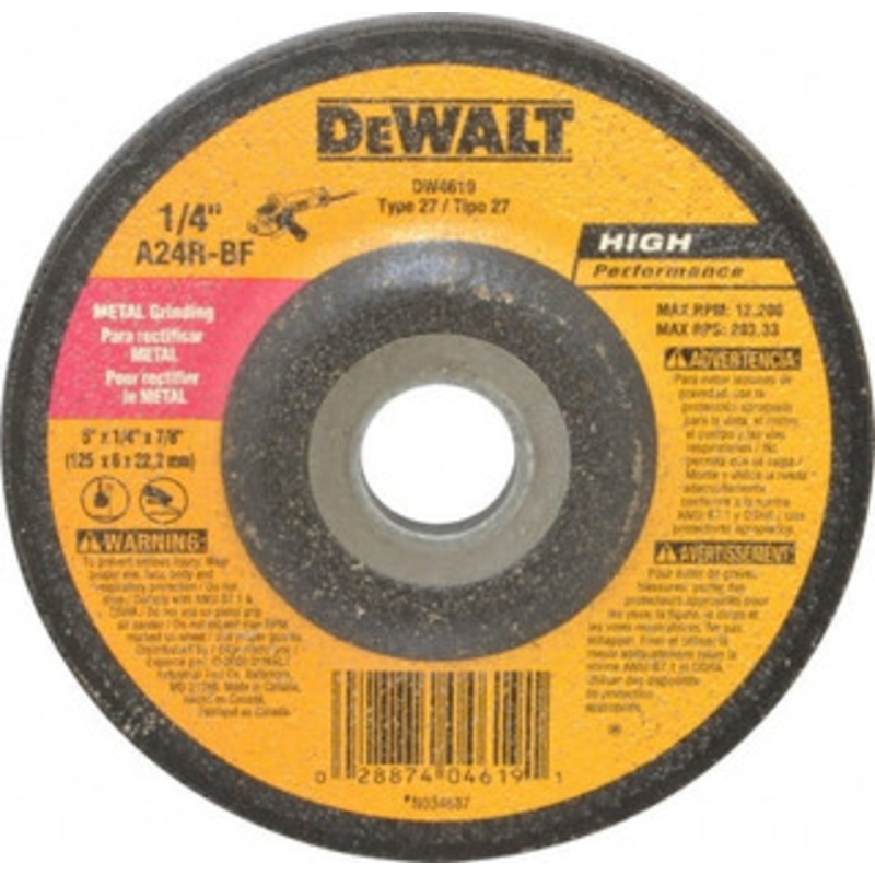 DeWALT 24 Grit, 5 Wheel Diam, 1/4 Wheel Thickness, 7/8 Arbor Hole, Type 27 Depressed Center Wheel Aluminum Oxide, R Hardness, 12,200 Max RPM, Compatible with Angle Grinder DW4619 – 80486285