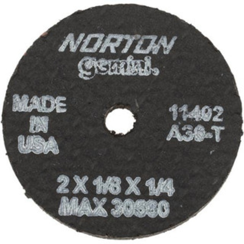 Norton 2 x 1/8, 1/4 Hole 36 Grit Aluminum Oxide Cutoff Wheel Very Coarse, Reinforced, 30,560 Max RPM, Use with Die Grinders 66243411402 – 75870535