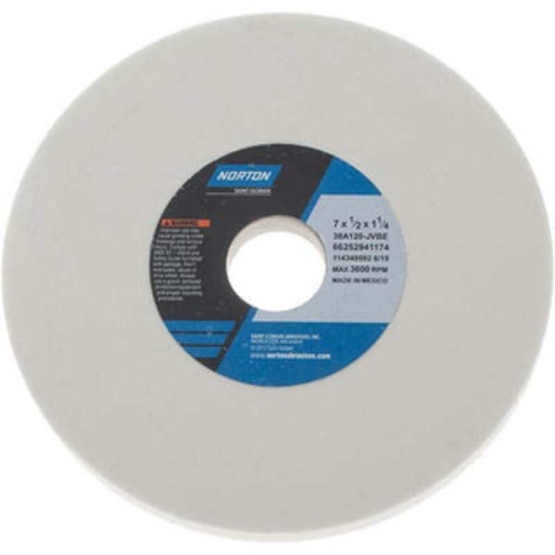Norton 7 Diam x 1-1/4 Hole x 1/2 Thick, J Hardness, 120 Grit Surface Grinding Wheel Aluminum Oxide, Type 1, Fine Grade, 3,600 Max RPM, Vitrified Bond, No Recess 66252941174 – 01242379