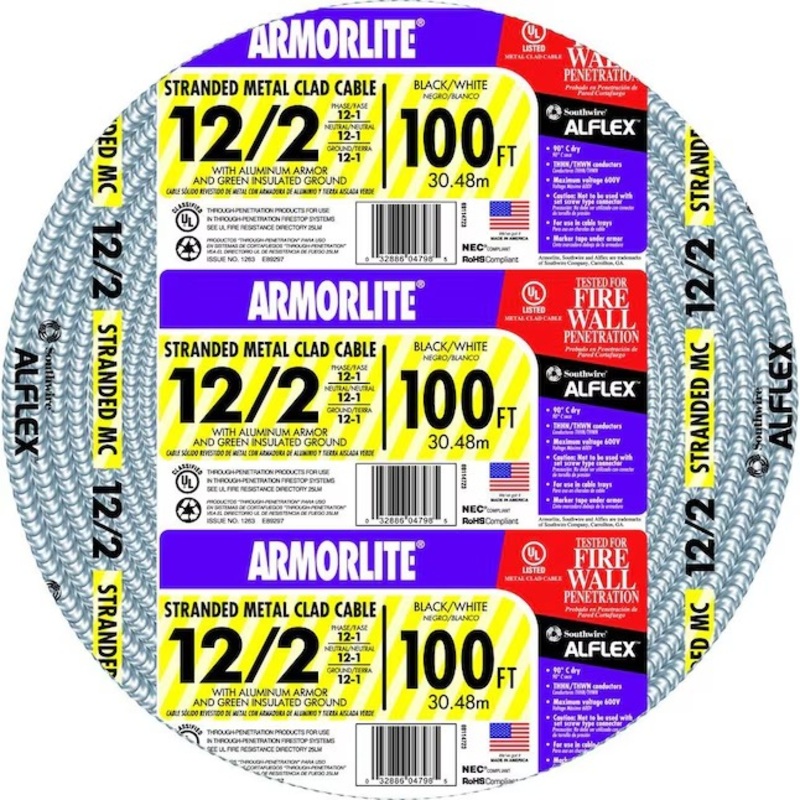Southwire 69114723 Armorlite 100-Feet 12 / 2 Stranded Aluminum MC (Metal Clad) Cable | Bigbigmart.com