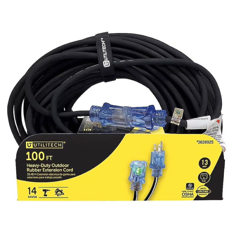 Utilitech UTP732735 Rubber Cords 100-ft 14 / 3 3 Prong Black Indoor/Outdoor SJOOW Heavy Duty Lighted Extension Cord | Bigbigmart.com
