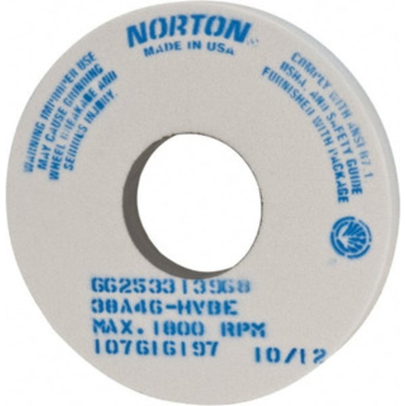 Norton 14 Diam x 5 Hole x 1-1/2 Thick, H Hardness, 46 Grit Surface Grinding Wheel Aluminum Oxide, Type 1, Coarse Grade, 1,800 Max RPM, Vitrified Bond, No Recess 66253313968 – 03359395