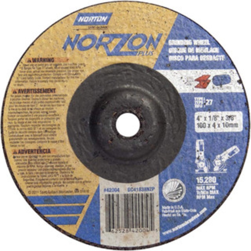 Norton 24 Grit, 4 Wheel Diam, 1/8 Wheel Thickness, 3/8 Arbor Hole, Type 27 Depressed Center Wheel Ceramic, 15,280 Max RPM 66252842004 – 58392606