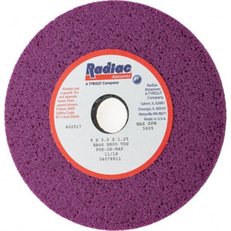 Radiac Abrasives 8 Diam x 1-1/4 Hole x 1/2 Thick, H Hardness, 46 Grit Surface Grinding Wheel Aluminum Oxide, Type 1, Coarse Grade, 3,600 Max RPM, Vitrified Bond, No Recess 34078811 – 60303146
