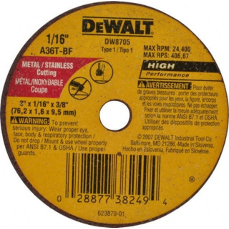 DeWALT 3 x 1/16, 3/8 Hole 36 Grit Aluminum Oxide Cutoff Wheel Very Coarse, 24,400 Max RPM, Use with Circular Saws DW8705 – 03547791