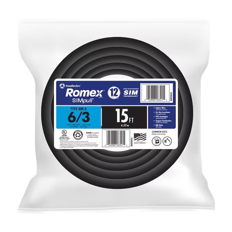 Southwire 63950006 15-Feet 6 / 3 / Romex SIMpull Stranded Indoor CU NM-B W/G Individual pack ( By-the-roll ) | Bigbigmart.com